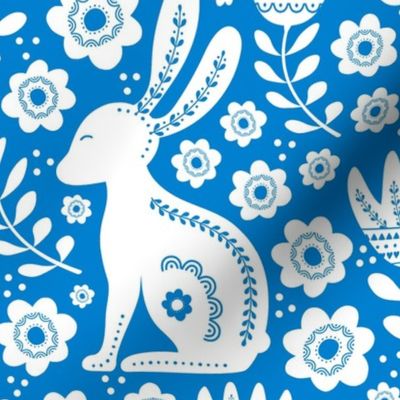 Large Scale Easter Folk Flowers and Bunny Rabbits Spring Scandi Floral White on Bluebell