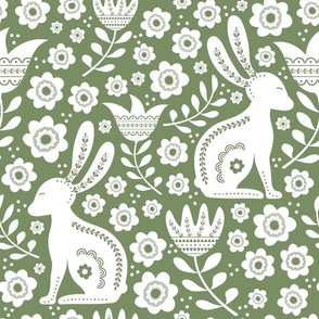 Large Scale Easter Folk Flowers and Bunny Rabbits Spring Scandi Floral White on Sage Green