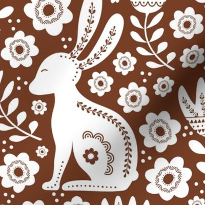 Large Scale Easter Folk Flowers and Bunny Rabbits Spring Scandi Floral White on Cinnamon