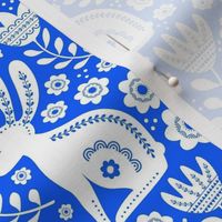 Medium Scale Easter Folk Flowers and Bunny Rabbits Spring Scandi Floral White on Cobalt Blue