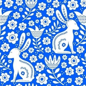 Medium Scale Easter Folk Flowers and Bunny Rabbits Spring Scandi Floral White on Cobalt Blue