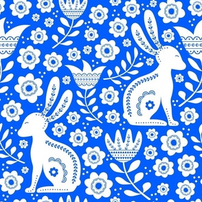 Large Scale Easter Folk Flowers and Bunny Rabbits Spring Scandi Floral White on Cobalt Blue