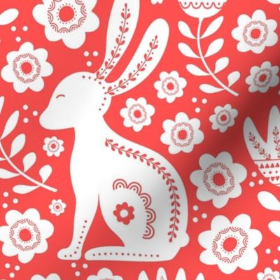 Large Scale Easter Folk Flowers and Bunny Rabbits Spring Scandi Floral White on Coral
