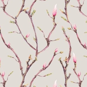 Neutral Chinoiserie magnolia flower watercolor branch on beige