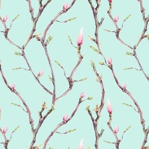 Chinoiserie magnolia flower watercolor branch on blue mint