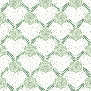 dahlia flower scallop with dots/soft spring green on white/medium