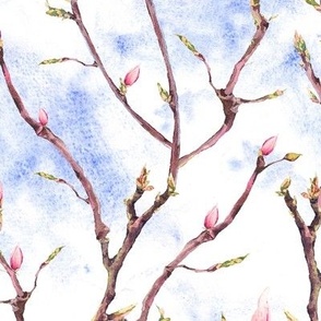 Chinoiserie magnolia flower watercolor branch on blue sky