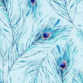 Watercolor blue peacock feathers 