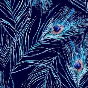 Watercolor blue peacock feathers on black