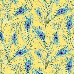 Watercolor blue peacock feathers on yellow