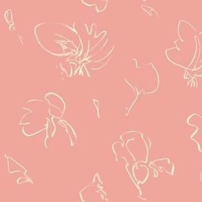 Ivory floral drawing, pink expressive abstract art