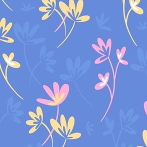 Modern flower stems, contemporary, stylised flower stems in blue, pink and yellow. Medium scale