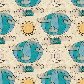 Hot Air Balloons - Teal and Yellow, 12-inch repeat
