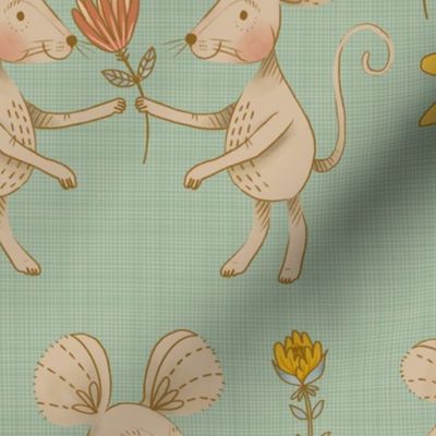 Large - Mice Friends in a Flower Garden on Mint Linen Texture Background