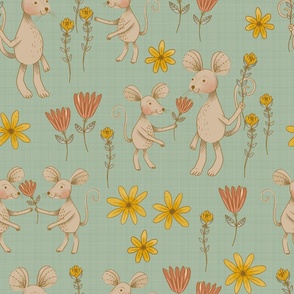 Large - Mice Friends in a Flower Garden on Mint Linen Texture Background