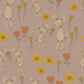 Large - Mice Friends in a Flower Garden on Mauve Linen Texture Background