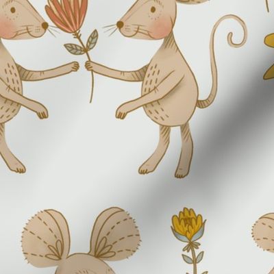 Large - Mice Friends in a Flower Garden on Off-White Background