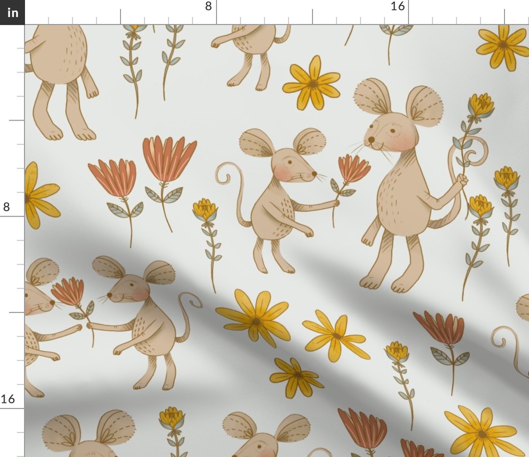 Large - Mice Friends in a Flower Garden on Off-White Background