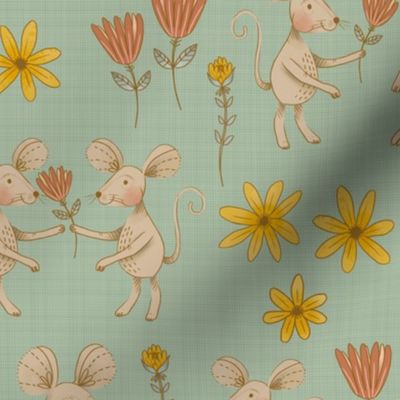 Medium - Mice Friends in a Flower Garden on Mint Linen Texture Background