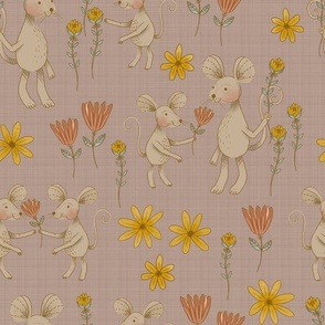 Medium - Mice Friends in a Flower Garden on Mauve Linen Texture Background
