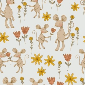 Medium - Mice Friends in a Flower Garden on Off-White Background