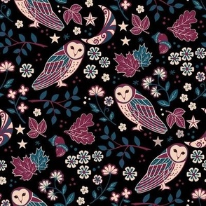 Barn Owls in Red and Teal-8" Repeat