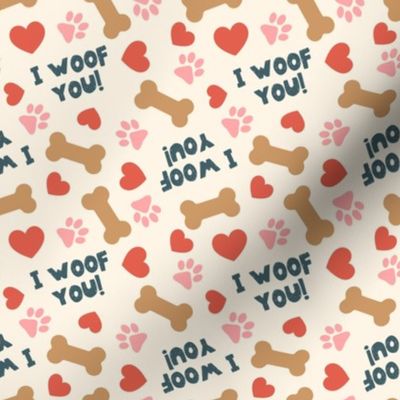 I Woof You! - Dog Valentine's Day - Hearts & Paws -  blue on cream - LAD23