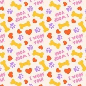 (small scale) I Woof You! - Dog Valentine's Day - Hearts & Paws - purple/yellow/red - LAD23