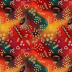 Surreal faces burlap texture bright reds, oranges and yellow doodled eye, mouth abstract shapes coordinate 12” repeat