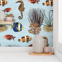 Underwater sea life coral reef fish and seahorses aqua blue - large scale