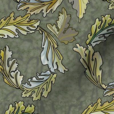 Serene-Acanthus-leaves-William-Morris-style-grey-green-gold-blue-brown