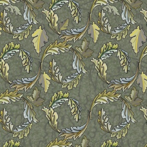 Serene-Acanthus-leaves-William-Morris-style-grey-green-gold-blue-brown