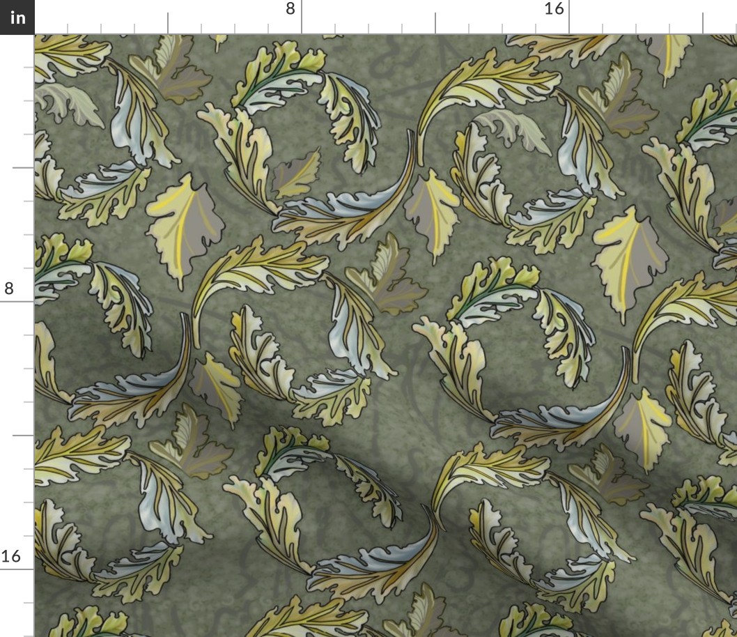 Serene-Acanthus-leaves-William-Morris-style-grey-green-gold-blue-brown