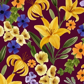 Floral with Yellow Lily, Gladiolus, Ivy adnd Thunbergia Flowers, Burgundy Background, Large Scale