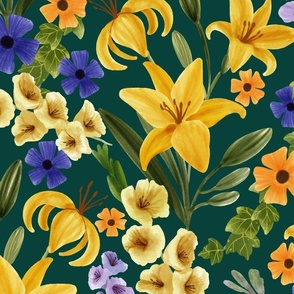 Floral with Yellow Lily, Gladiolus, Ivy adnd Thunbergia Flowers, Deep Green Background, Large Scale