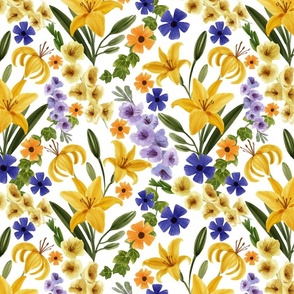  Floral with Yellow Lily, Gladiolus, Ivy and Thunbergia Flowers, White Background, Small Scale