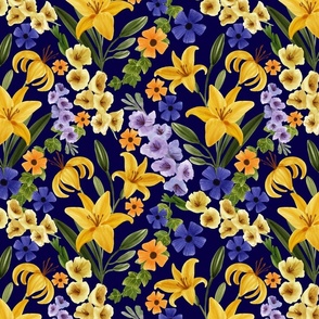 Floral with Yellow Lily, Gladiolus, Ivy and Thunbergia Flowers, Navy Background, Small Scale
