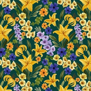  Floral with Yellow Lily, Gladiolus, Ivy and Thunbergia Flowers, Deep Green Background, Small Scale