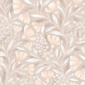 Warm neutral botanical wallpaper featuring light pink hand drawn flowers and white leaves on warm grey background 