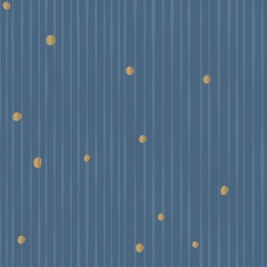 M. Muted blue vertical stripes on dark blue, tossed gold dots