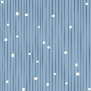 M. Dark blue vertical stripes on muted blue, tossed white dots