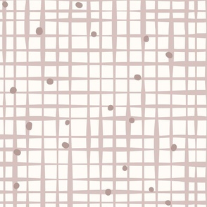 M. Neutral beige grid on cream white with tossed hand drawn dots. Boho cottage