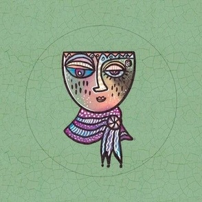 Surrealist whimsical doodled face in pastels embroidery hoop in 8” swatch for 6” embroidery hoop on sage green crackle background 5