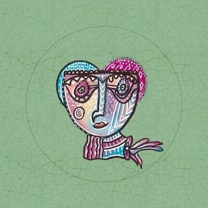 Surrealist whimsical doodled face in pastels embroidery hoop in 8” swatch for 6” embroidery hoop on sage green crackle background 3
