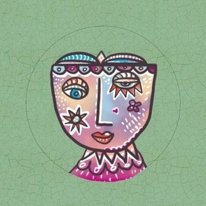 Surrealist whimsical doodled face in pastels embroidery hoop in 8” swatch for 6” embroidery hoop on sage green crackle background 1 