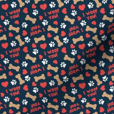 (small scale) I Woof You! - Dog Valentine's Day - Hearts & Paws - navy - LAD23