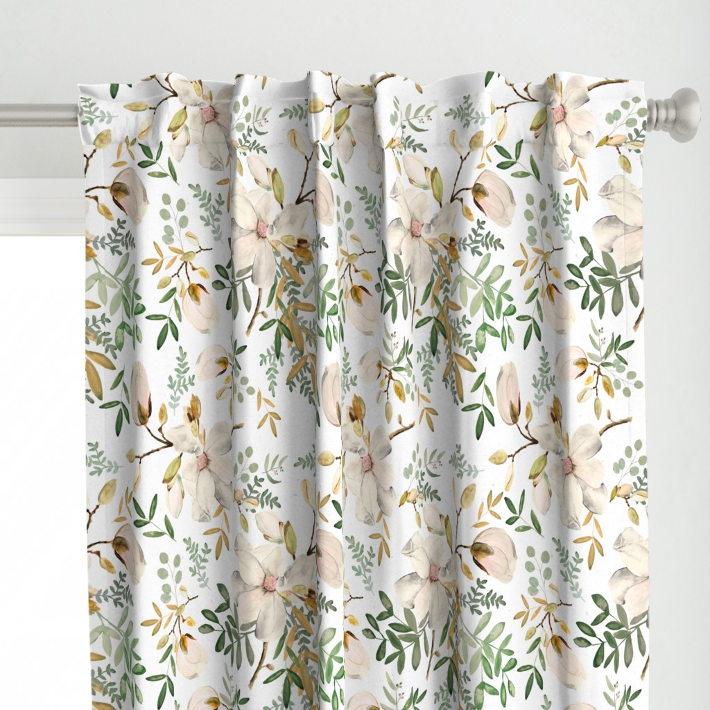 Large Green and Gold Cream Florals on White / Watercolor / Flowers