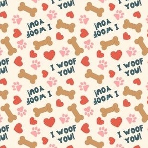 (small scale) I Woof You! - Dog Valentine's Day - Hearts & Paws -  blue on cream - LAD23