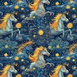 van gogh inspired herd of white horses in the starry night