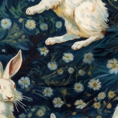 van gogh inspired botanical white rabbit in wonderland